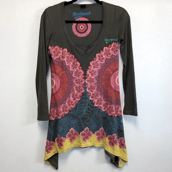 Desigual Colorful Floral  Boho Festival Shark Bite Hem Tunic Top 3006 - Picture 1 of 9